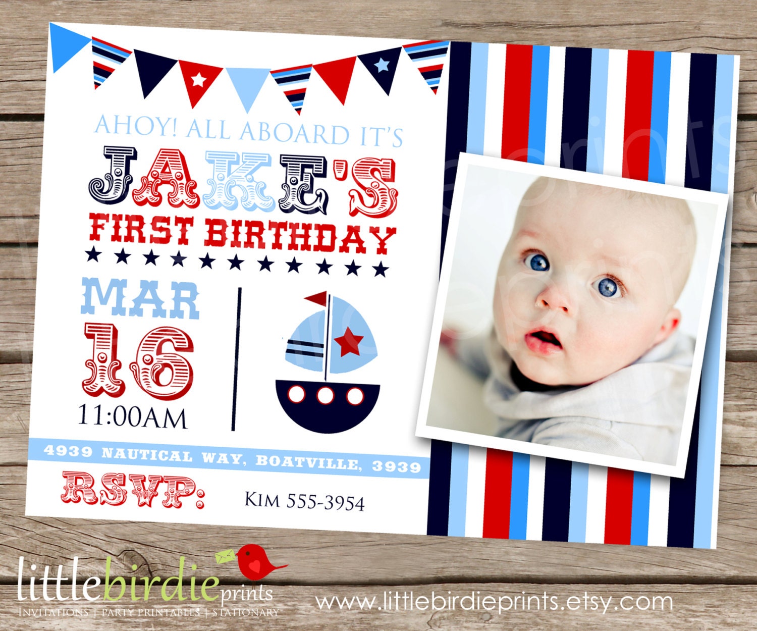 NAUTICAL INVITATION BOAT for birthday party with stars and banner. Printable with photo