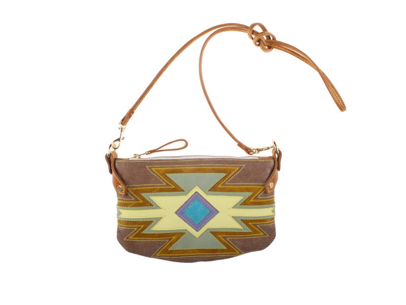 Aztec Cha Ching bag in tan and liquid taupe leather with aztec detailing in greens and blues