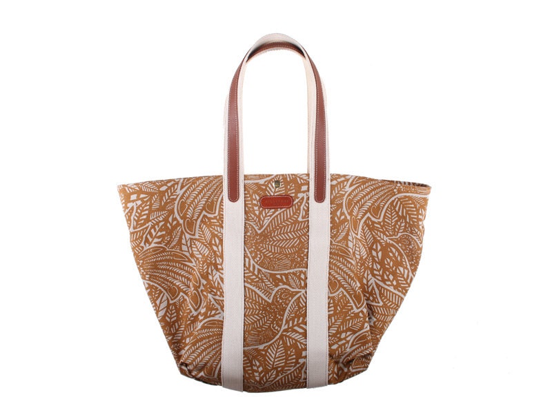 Brazzaville beach bag / tote in printed fabric with leather and cotton webbing handles