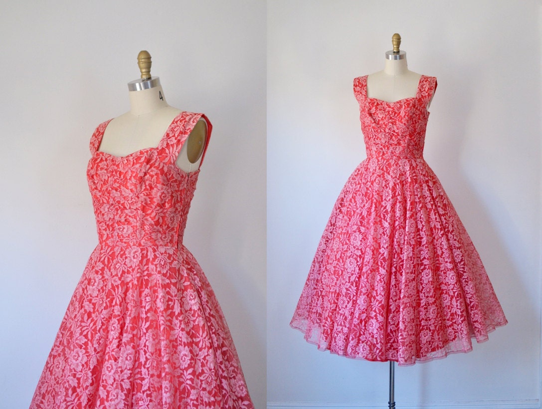 1950s Party Dress / 50s Red Lace Dress
