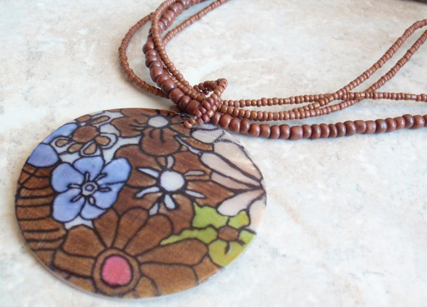Painted Shell Necklace Large Flower Pendant Brown Beads Vintage Estate