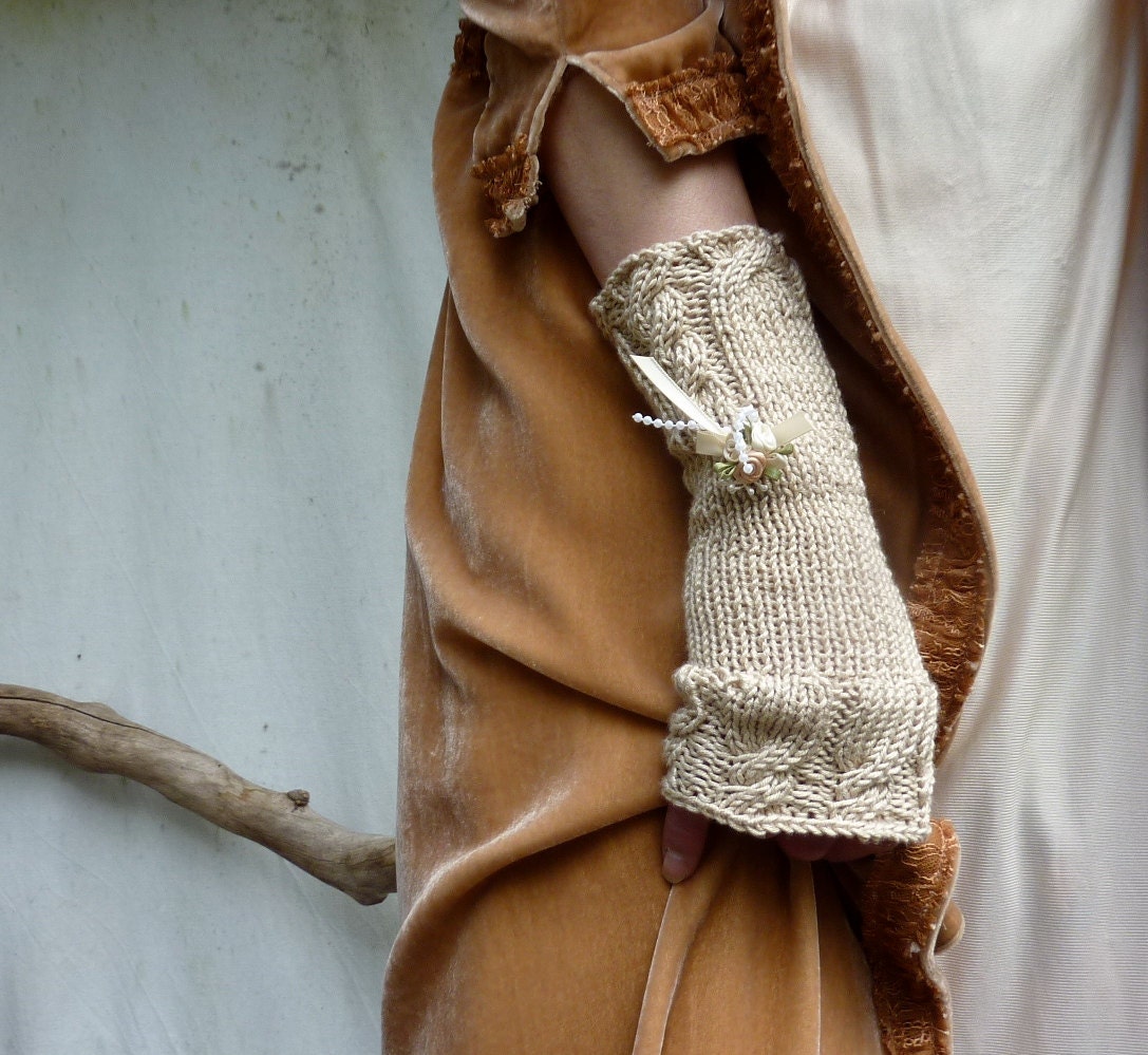Wedding Belle Fingerless Gloves, hand knitted in ecru, pale gold silk and bamboo yarn with pearl and flower posy decoration READY TO SHIP