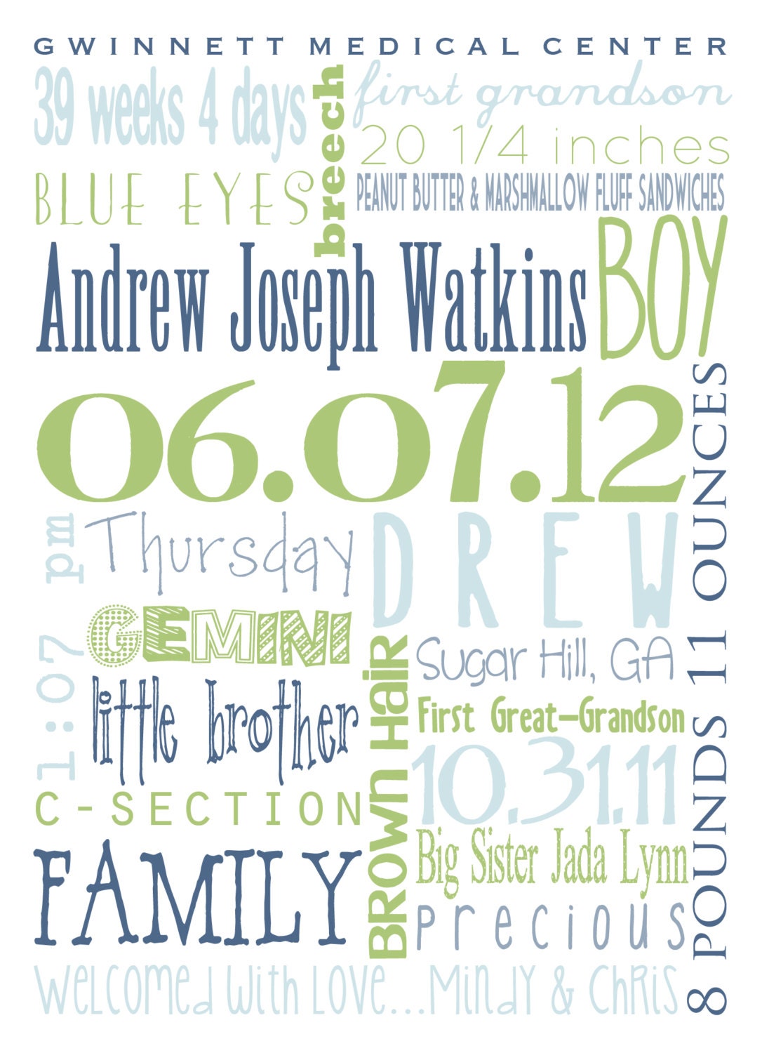 Birth Announcement for Baby Boy or Baby Girl (envelopes included)