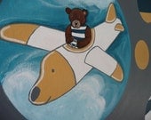 Bear Flies an Airplane in Grey, Navy & Yellow - A Contemporary Original Painting to decorate a Baby's Nursery or Kid's Room