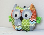 Medium Patchwork Owl Pillow Plush Stuffed Toy for Baby Boy or Girl - Green, Orange and Gray