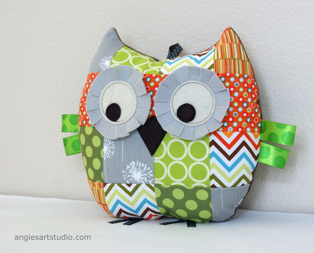 Medium Patchwork Owl Pillow Plush Stuffed Toy for Baby Boy or Girl - Green, Orange and Gray