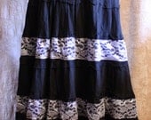 Upcycled Black Cotton and White Lace Flowy Goth Victorian Goth Peasant Skirt
