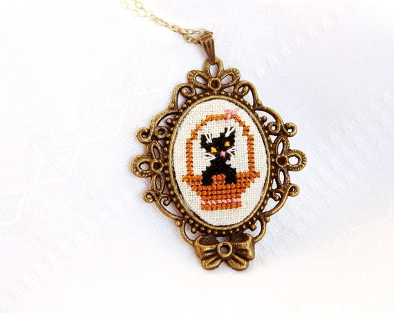 Custom Cat necklace - hand embroidered cat - tuxedo cat