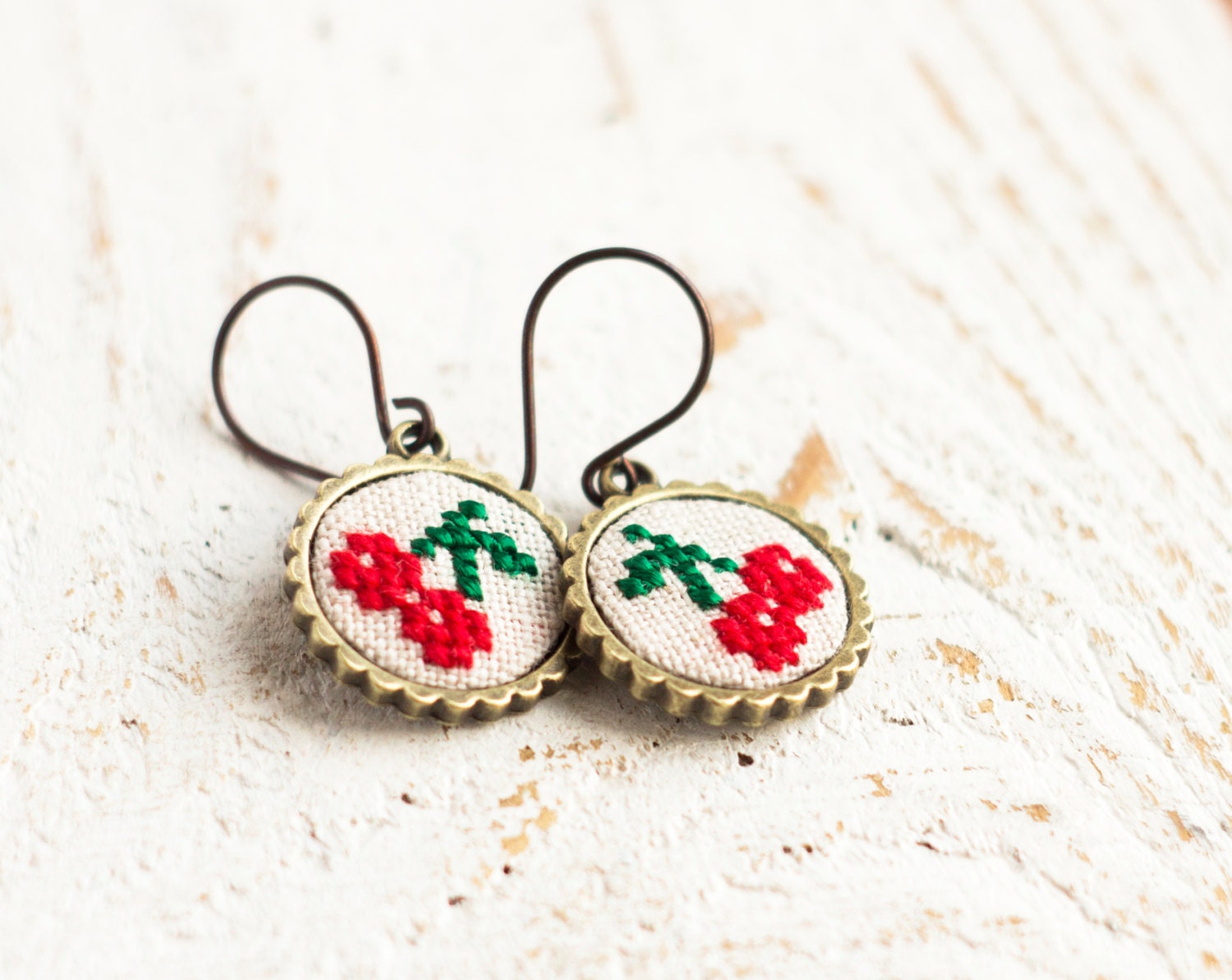 Cherry earrings - embroidered cherries - garden party earrings - e008