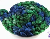 Superfine baby alpaca and tussah silk combed top 100g (3.5oz) handpainted fiber - Black Jewels - Emerald and Sapphires - Made to order