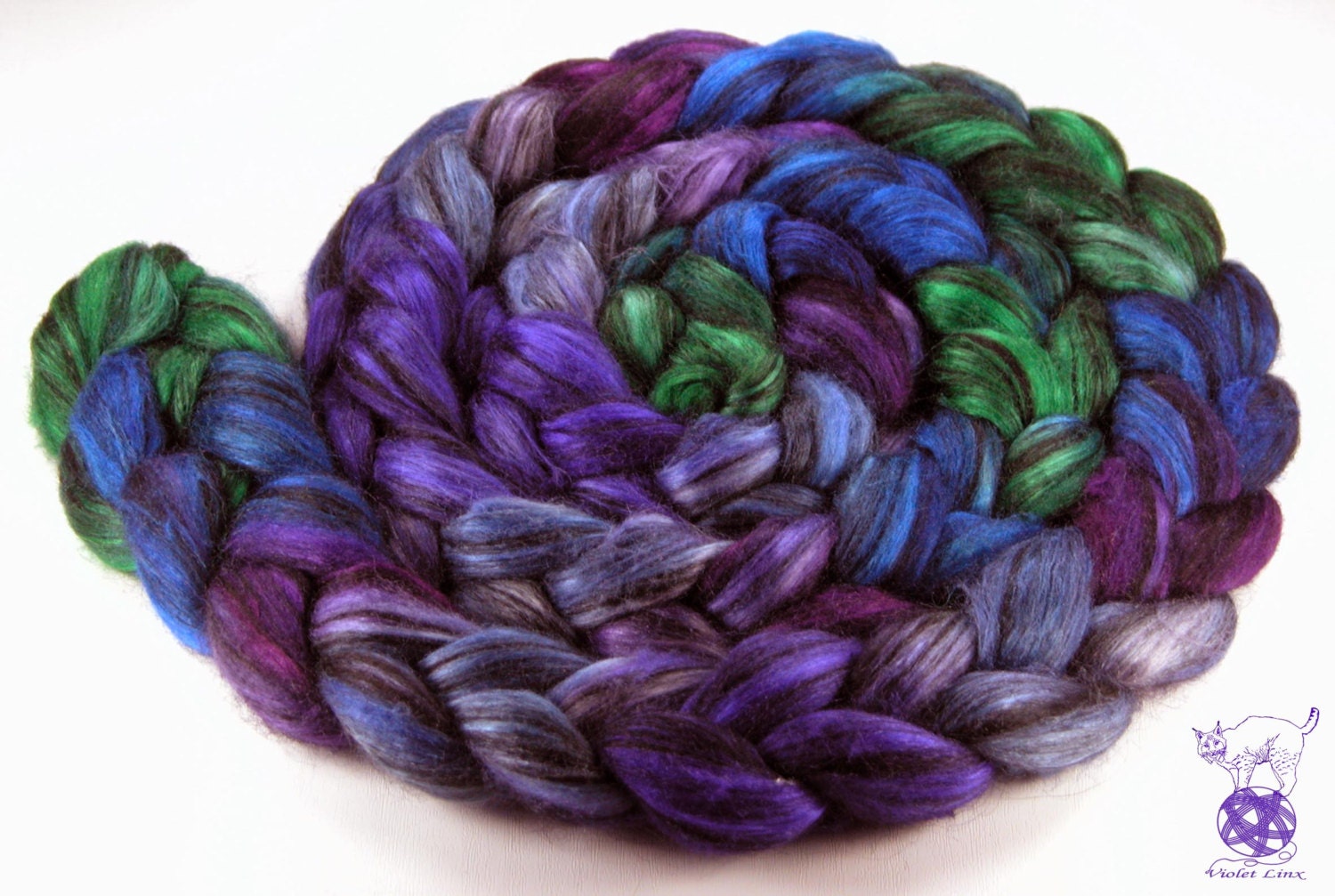 Superfine baby alpaca tussah silk top 100g (3.5oz) handpainted fiber - Black Jewels - Sapphires, Amethysts and Emeralds - Made to order