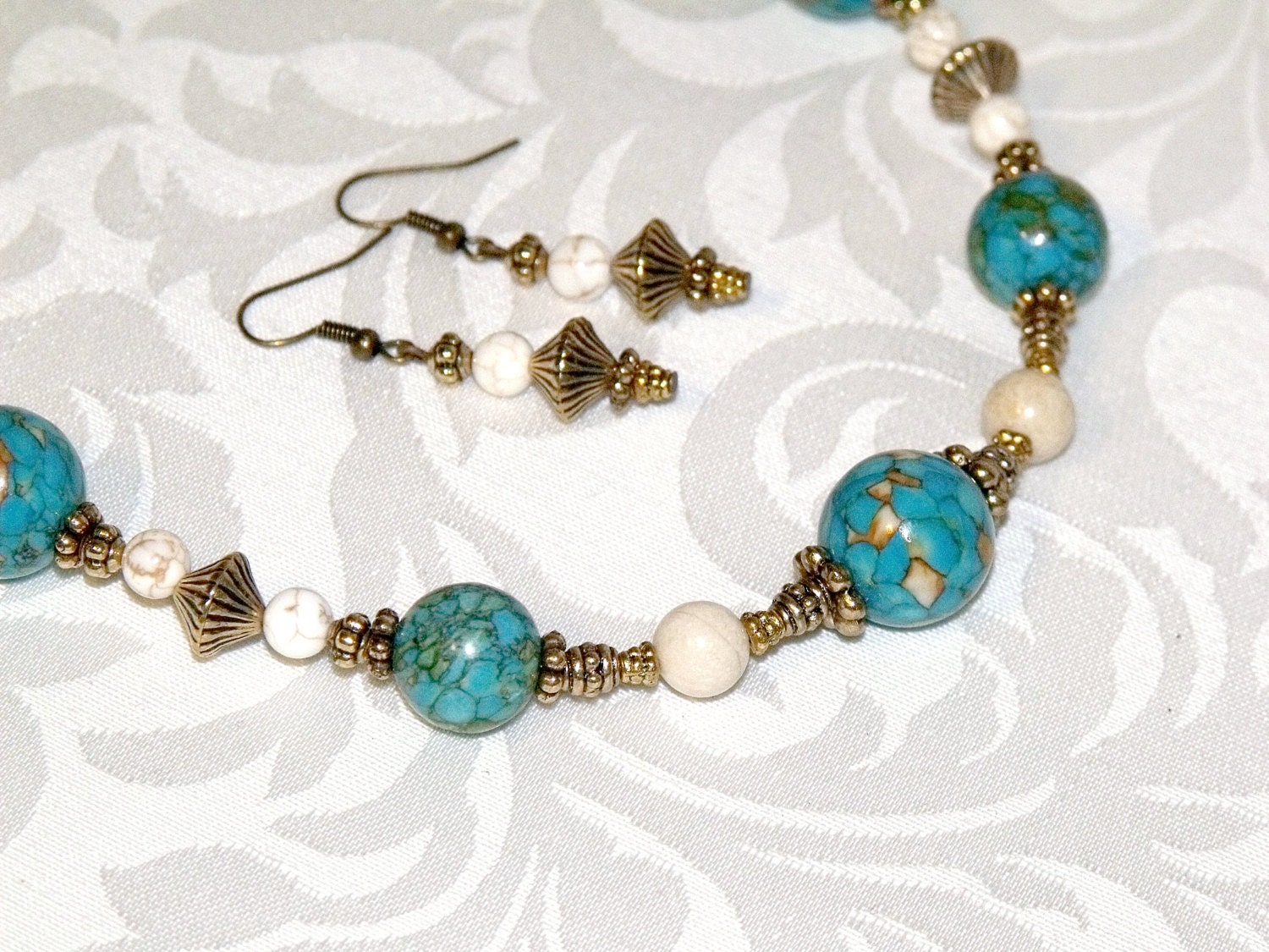 Turquoise Necklace and Earrings, River Rock and White Howlite Beads - stone bead jewelry