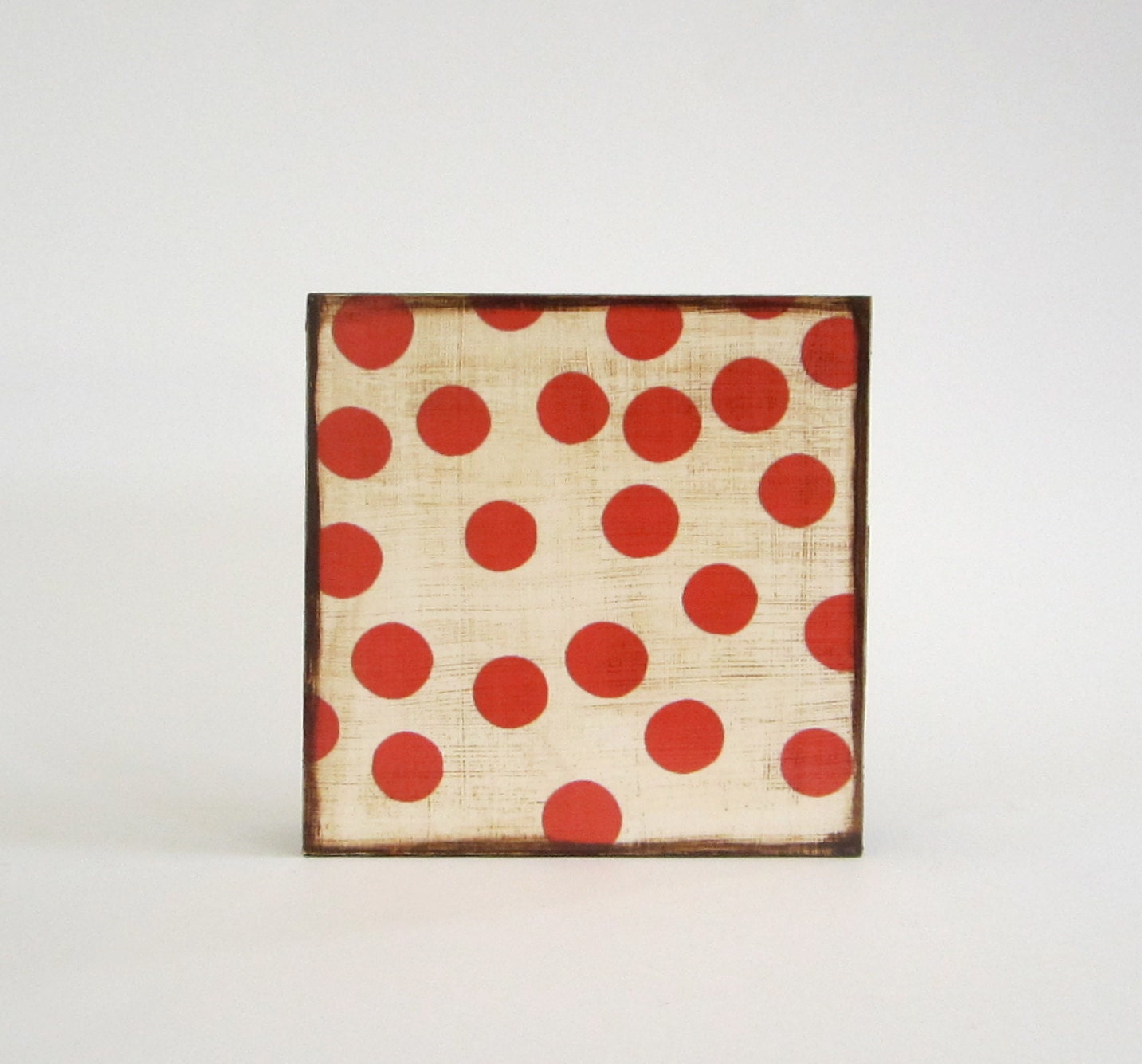 Red and Cream Dots Circles 5x5 art block on wood block geometric pattern polka modern red tile studio