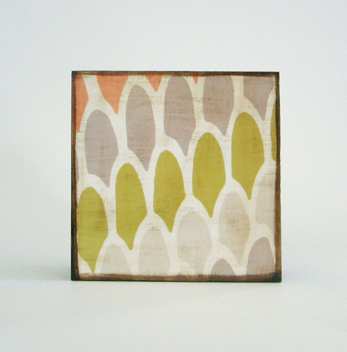Scallop Pattern Orange 5x5 art block on wood Green Gray Green fish scales shapes red tile studio