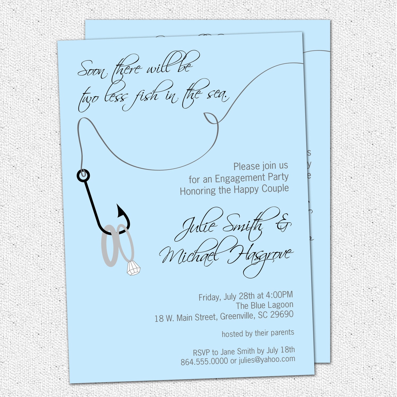 Printable Engagement Party Invitation, Two Less Fish in the Sea, Rings, Nautical, Fishing, Lake, Couples Bridal Shower, DIY Digital File