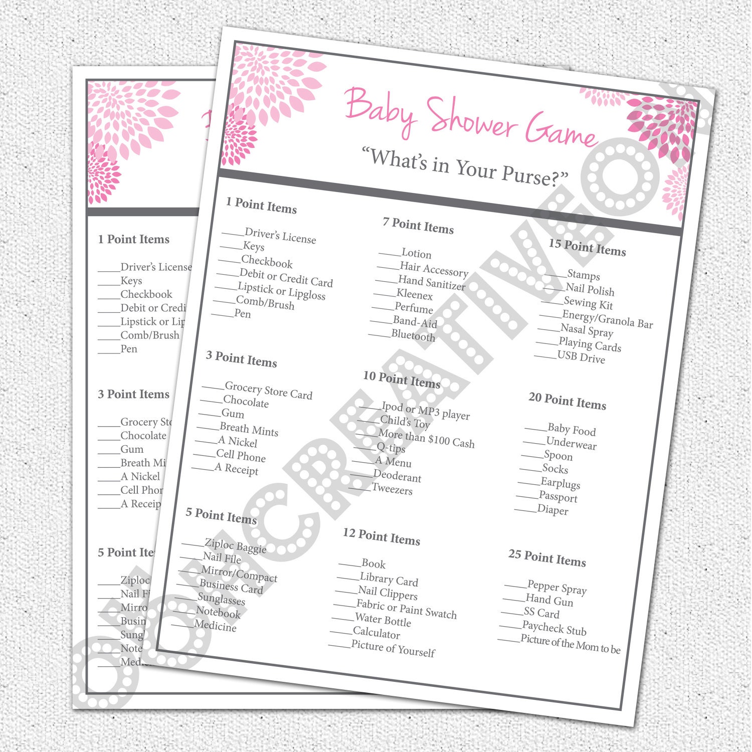 Baby Shower Game, What's in Your Purse Pocketbook, Printable Girl Hot and Pale Pink and Charcoal Grey Gray Floral, Digital File