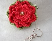 Coral and Green  Floral Crochet Coin Purse/ Key Chain