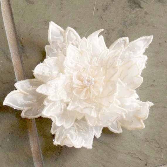 Embroidered Organza Flower Brooch Pin, Ivory Wedding Accessory, Flower Brooch Pin, Embroidered Fabric