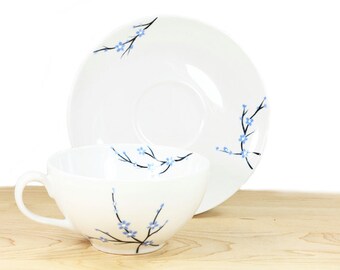 Hand Painted Porcelain Cappuccino Cup and Saucer Hand Painted Cup White Ceramic Baby Blue botanical design Modern Minimalist Kitchen Decor