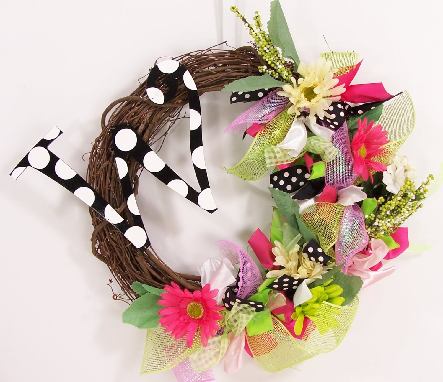 Spring Wreath with Letter Monogram Initial Flowers polka dot fun whimsical
