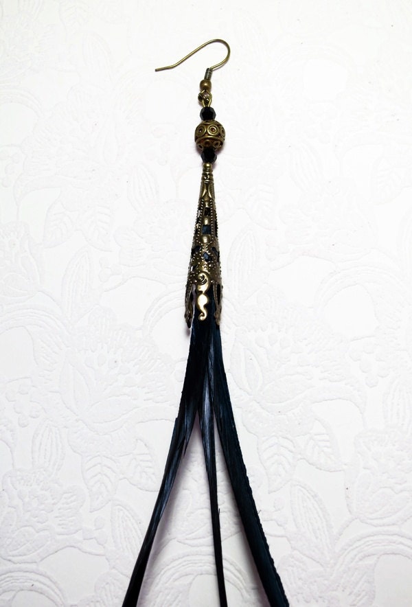 Antiqued Bronze and Raven Black Feather Earring