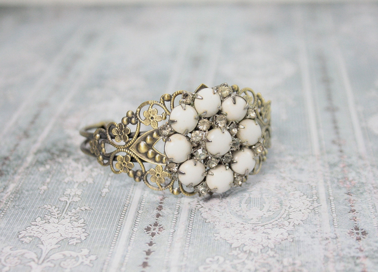 Vintage earring cuff bracelet . Recycled jewelry.  White glass flower.  One of a kind. Free international shipping