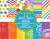 Digital Paper Pack Artist Party Rainbow Color Paper Chevron Tie Dye Paint Splotches (571) Il_170x135