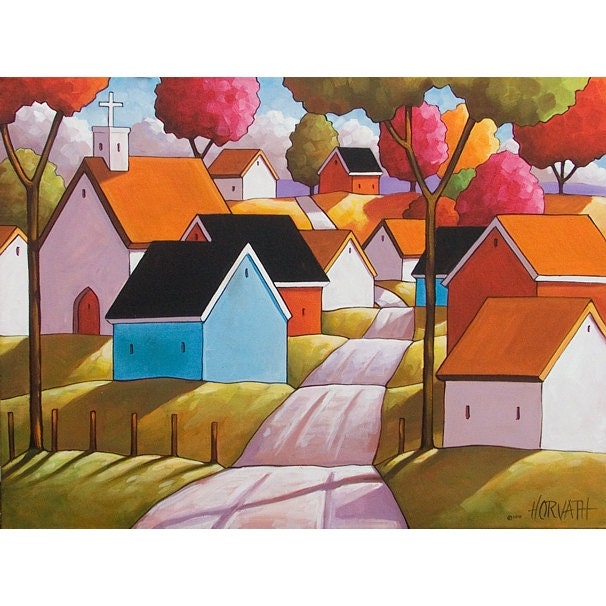 ORIGINAL PAINTING Modern Folk Art Town Road Cottage Fall Trees Church Landscape Abstract Autumn Village Artwork by C. Horvath 18x24