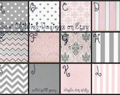 Custom Crib Bedding - 2 piece set in Pink, Grey, & White Premier Fabrics (Bumpers/Straight Box Skirt)