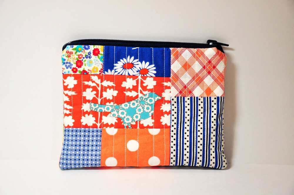 Makeup Pouch Pencil case Modern Patchwork Blue Orange Retro theme with Daisies and Birds Denis Schmidt Urban CHicks