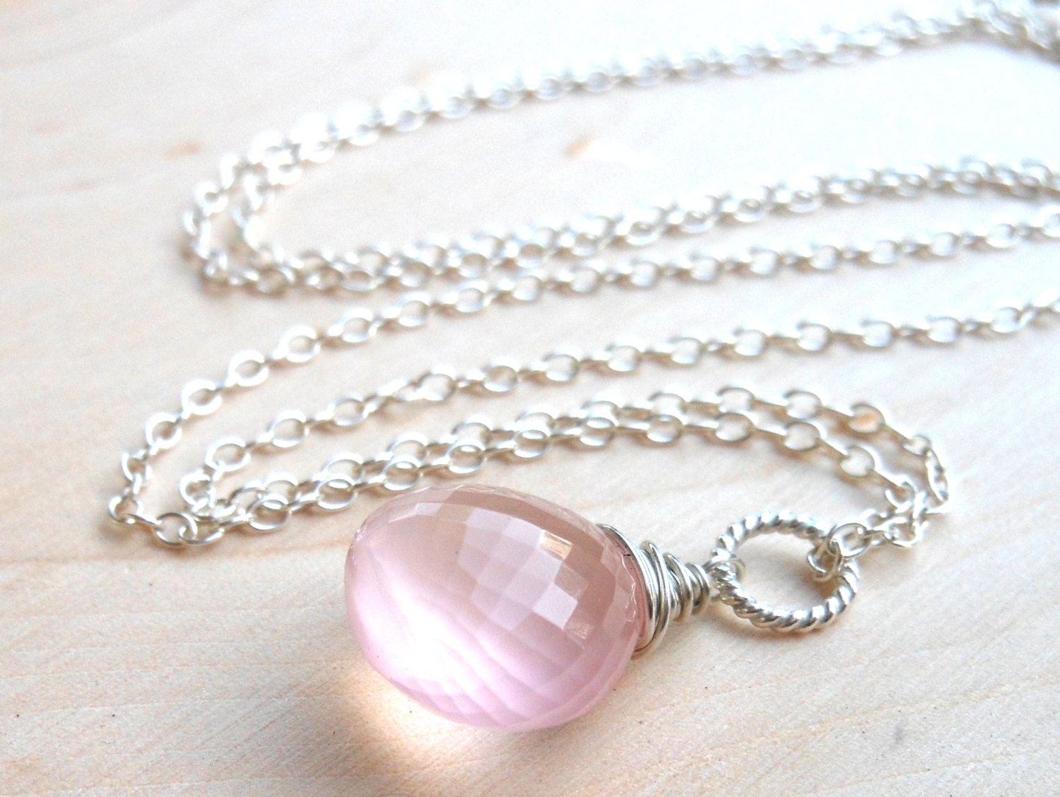 Rose Quartz Necklace, Pendant Style Drop, Glowing Pink Stone, Sterling Silver