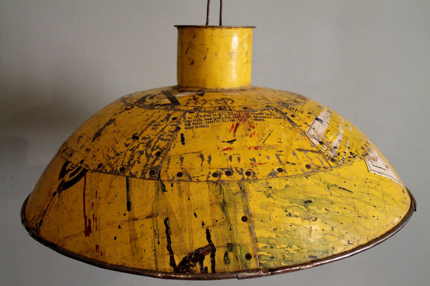 Yellow Industrial Upcycled Vintage Can Pendant Light Fixture