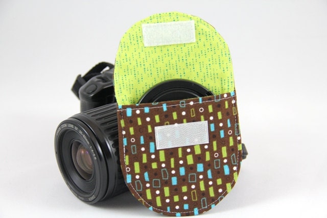 Lens Cap Pocket for DSLR Camera Strap - 77mm - Brown, Lime and Turquoise - Ready to Ship