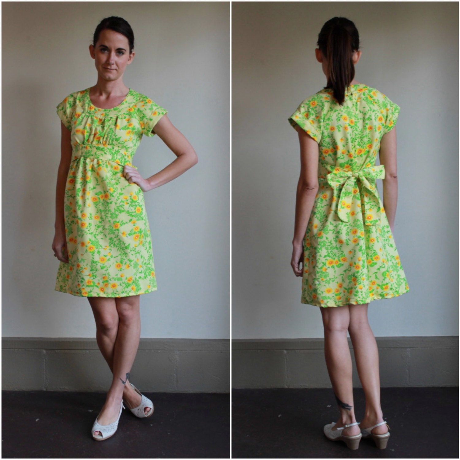 Vintage 70s Dress  /  1970s Floral Print Day Dress  /  Neon Yellow Green Mini Tie Empire Waist Aline  /  S M L