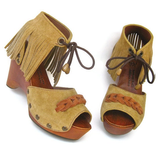Fringe Clog Shoe in Golden Green Suede with Rust Brown detail NOW AVAILABLE in all sizes