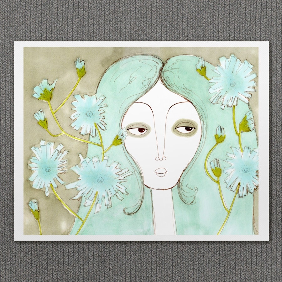 Chicory Girl No.2 8x10 / Giclee, Reproduction, Spring Flowers Illustration, Digital Print, Girl Portrait, Aqua, Teal, Mint