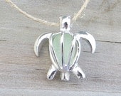 Sea Glass Turtle Locket Honu Mint Green Pale  Aqua