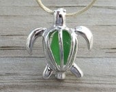 Lime Green Sea Glass Turtle Locket Honu Key Lime Green