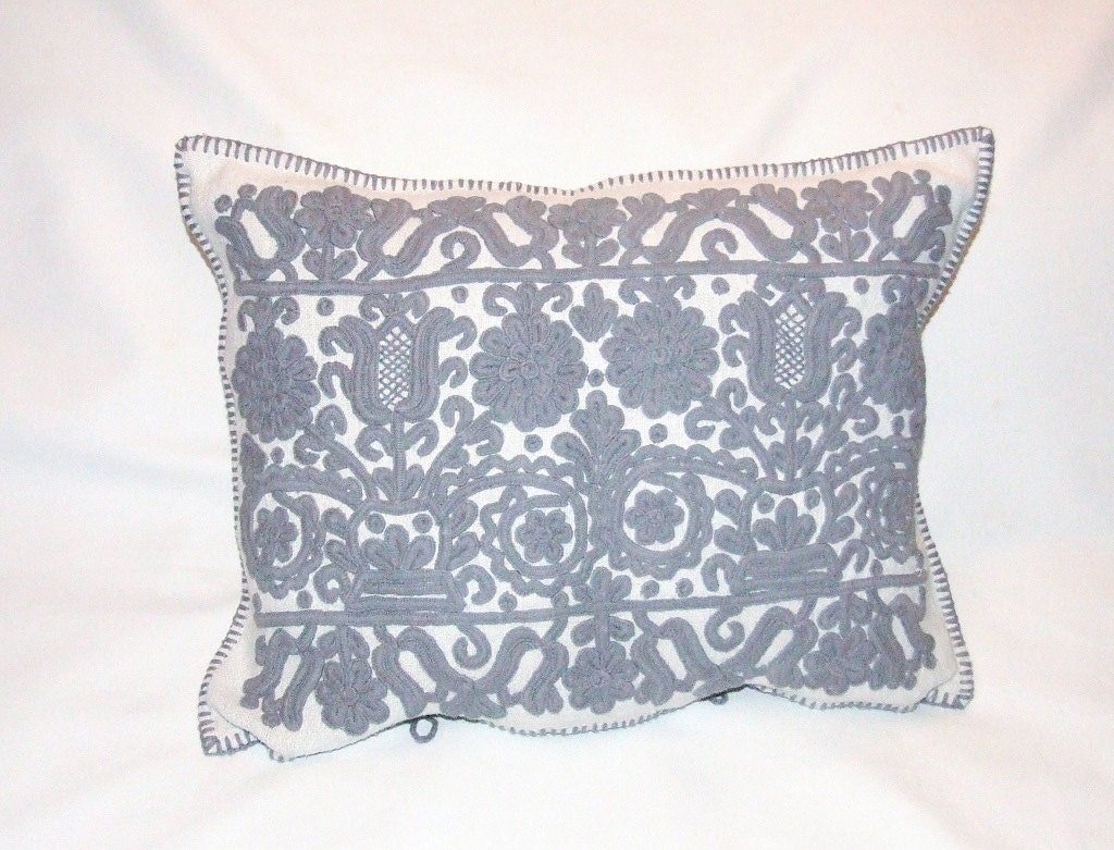 Gray Hand made embroidered pillow case with Hungarian motifs