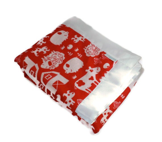Baby Blanket in Red Flannel Farm Animals and Cuddle Minky