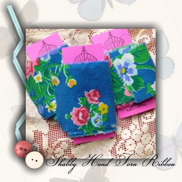 Shabby Blue Rose Ribbon, Floral, Hand Torn, Vintage Looking, Victorian, Flower