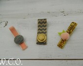 the CLIPPIE Velvety Ribbon Embellished Alligator Clips Set of Three Gold Sparkle, Grey Chevron and Peach Velvet