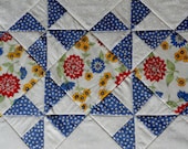 Retro Pinwheel Quilted Table Runner Bright Flowers Periwinkle Dots Farmhouse Reversible