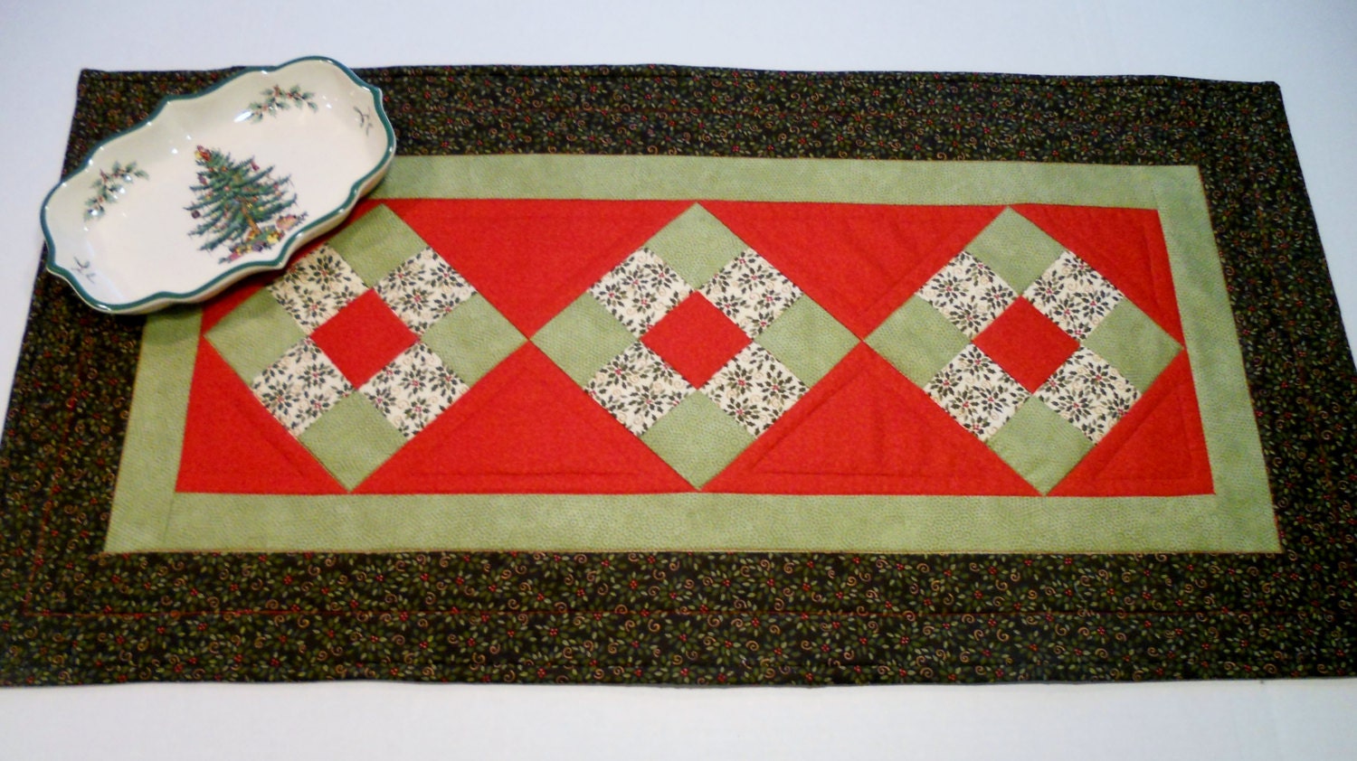 Modern Christmas Quilted Table Runner Nine Patch Red, Green, Black