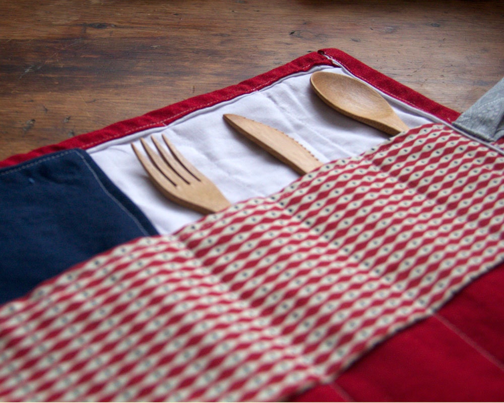 Red and Gray Portable Placemat with Navy Blue Reusable Cloth Napkin