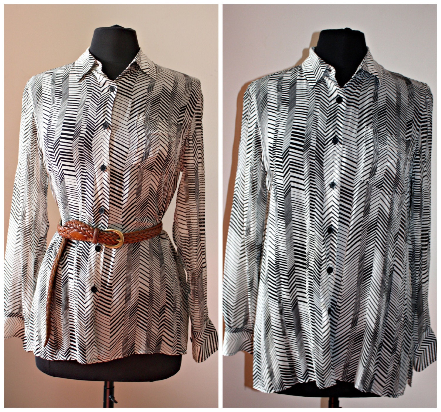 Vintage Black and White Silk Striped Pattern Bouse. Size Bust up to 41"