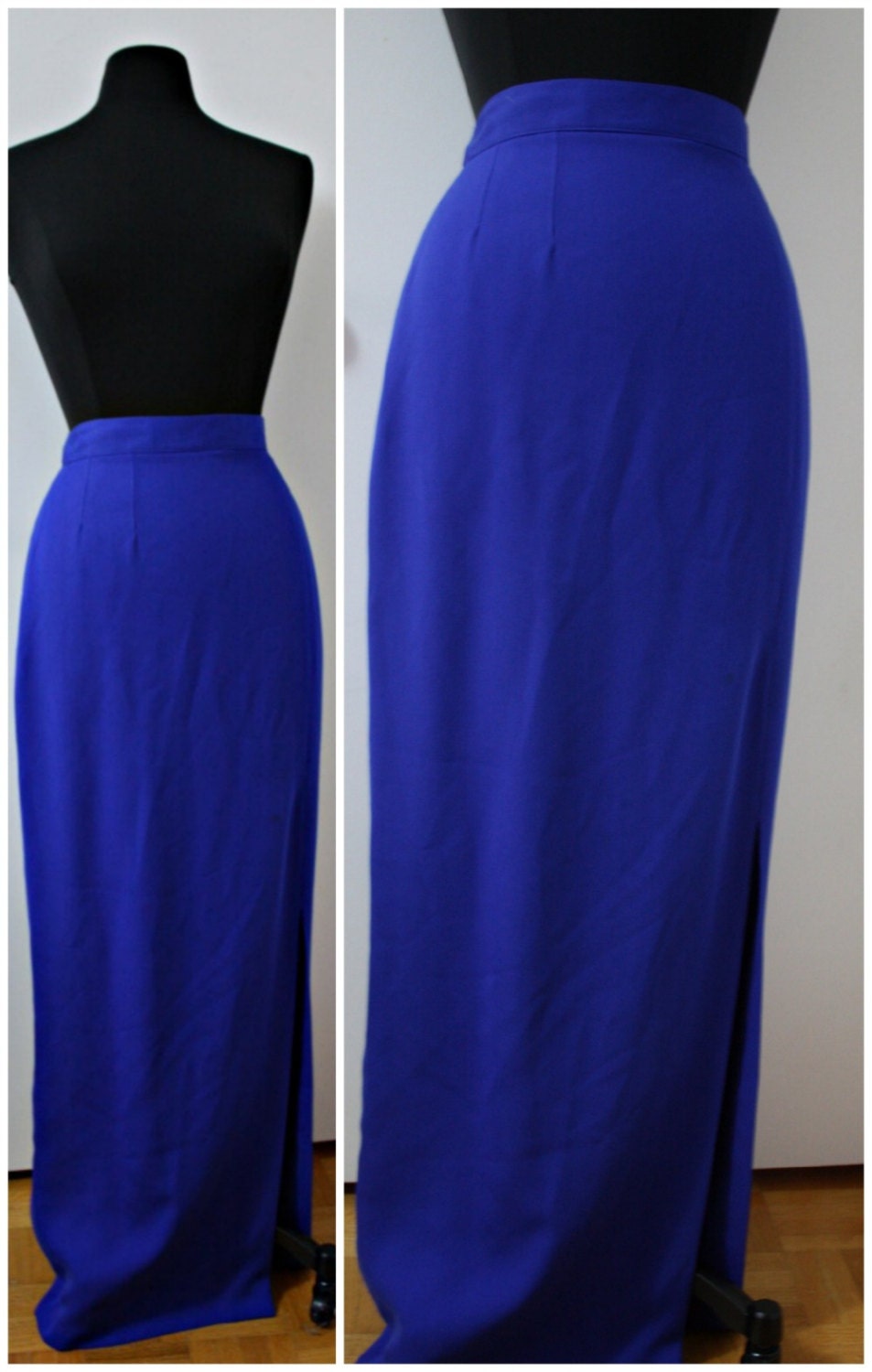 Vintage Cobalt Blue Maxi Skirt with Split. Size 7/8 Medium Waist 30.5