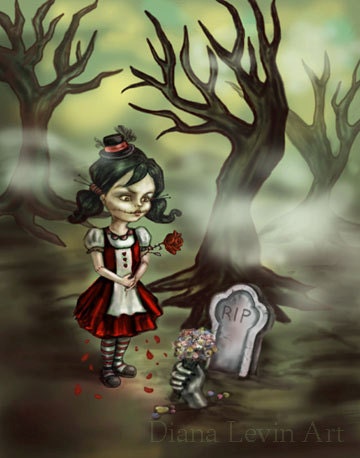 Zombie Art - Valentine's Day Gift- Halloween Print- Gothic Girl Graveyard Illustration
