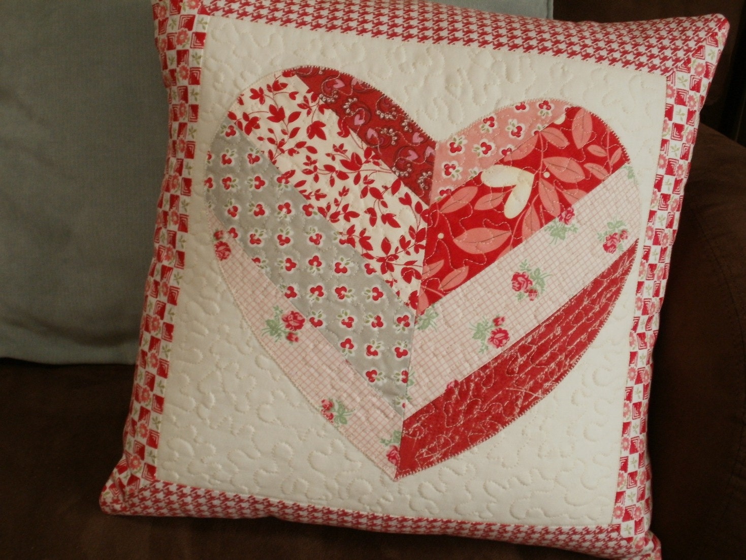 Valentine Heart Pillow Quilted in Candy Pink, Cherry Red and Vanilla