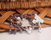Traditional Deluxe Rosary - Pieta, Chevron Amethyst and Shell, Free Shipping